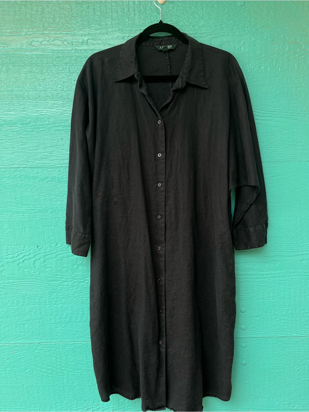 VINTAGE LAUREN RALPH LAUREN 100% LINEN MIDI SHIRT DRESS BLACK SIZE 16